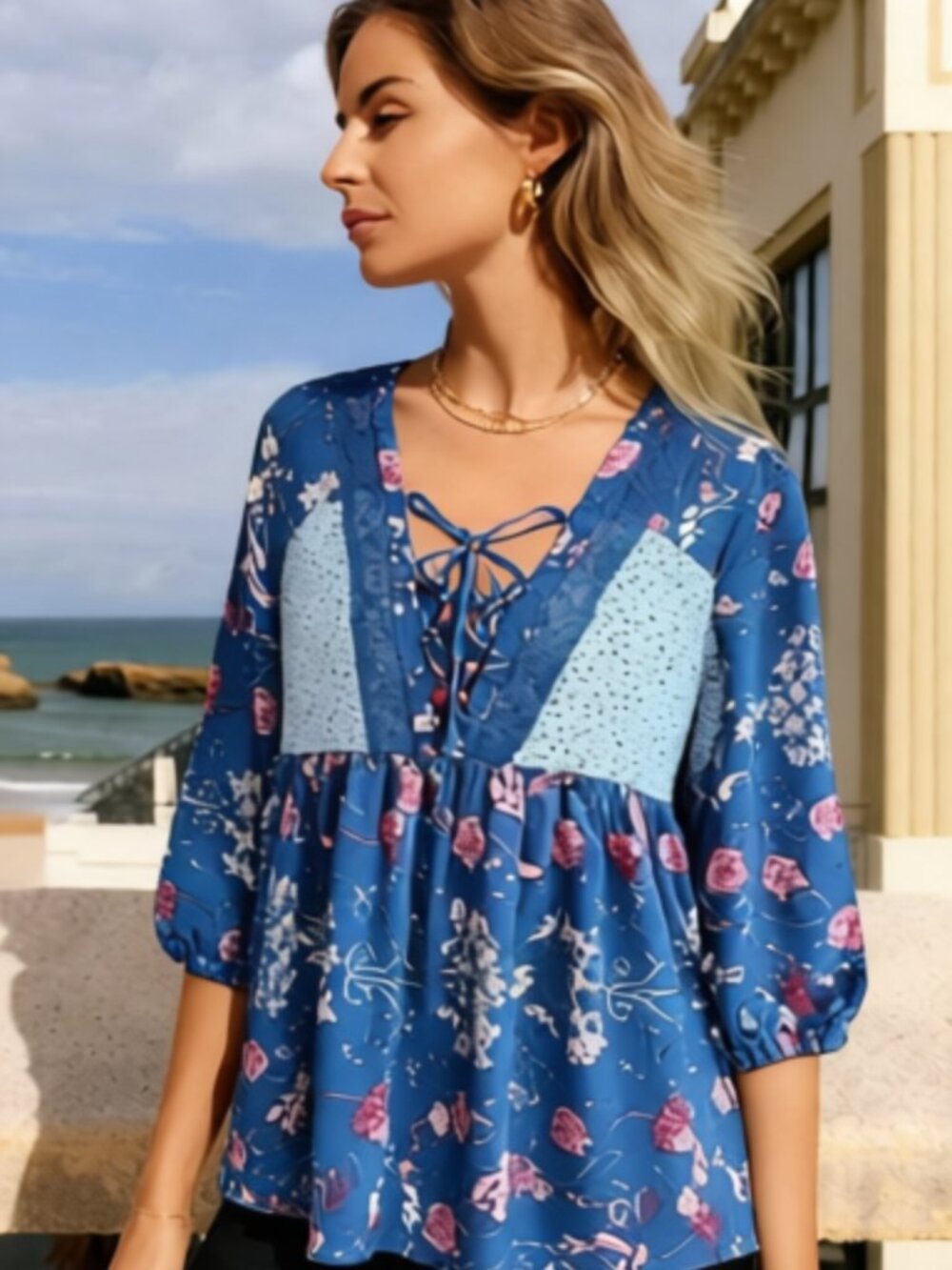 ABSOLUTELY FAMOUS Blue Floral Empire Waist Peasant Top Size S 3/4 Sleeves